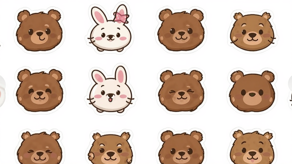 一张展示连我LINE贴纸表情商店界面的图,画面中排列着多个可爱的卡通贴纸形象,布局采用网格状陈列排版,风格为活泼可爱的卡通风,细节上体现布朗熊、可妮兔等经典角色,画质清晰,干净,无多余元素