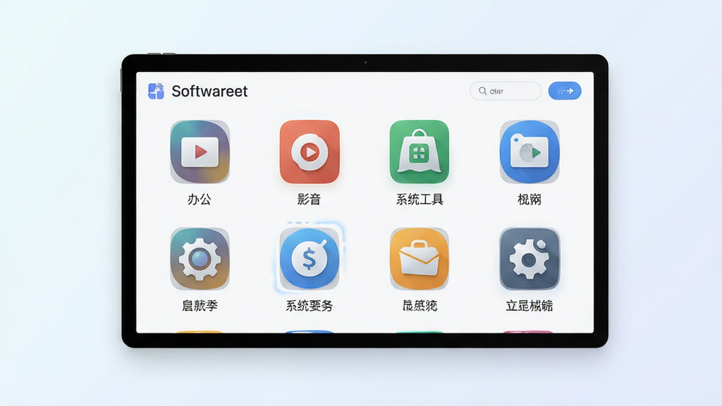 软件库资源聚合功能展示图,画面中央是软件库界面中多个软件分类图标整齐排列,办公、影音、系统工具等分类标签清晰可见,背景为浅色渐变,风格简洁商务,画质高清,无多余装饰元素