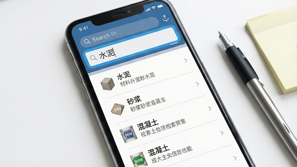 材料升材料信息检索功能展示,画面主体为手机屏幕特写,屏幕中显示材料升的搜索界面,搜索框内输入“水泥”关键词,下方列出水泥、砂浆、混凝土等关联材料条目,每条包含小图标和简要说明,背景为干净的白色桌面,旁边放着一支笔和一张便签纸,布局居中,风格为现代移动应用截图风格,细节包括搜索框高亮和条目分隔线,画质高清,干净,无多余元素