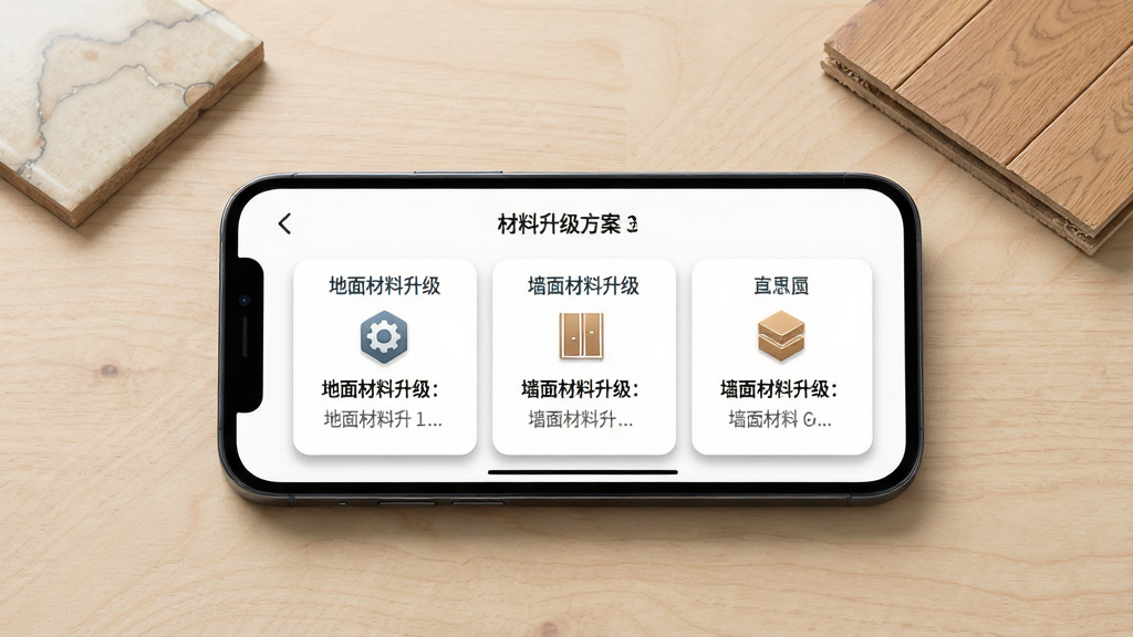 材料升材料升级方案查阅界面,画面中央为一部横向放置的手机,屏幕中显示材料升的升级方案页面,包含“地面材料升级”“墙面材料升级”等分类卡片,每张卡片配有图标和简短说明,背景为浅木色桌面,桌面上放有一小块瓷砖和一块地板样品,布局均衡,风格为产品功能展示图,细节包括卡片阴影和屏幕内文字清晰,画质高清,干净,无多余元素