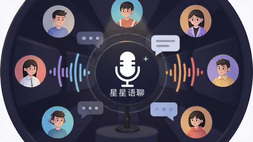 一个圆形语音房间的插画,画面中央是“星星语聊”的麦克风图标,周围环绕着多个用户头像和声波纹理,布局呈放射状,风格为扁平化社交插画,细节包括柔和的灯光效果、彩色声波线条和聊天气泡,画质高清、干净、无多余元素