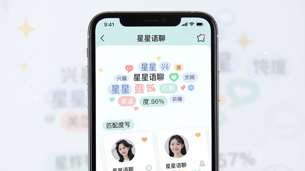 一张展示“星星语聊”智能匹配功能的界面图,主体为手机屏幕内显示多个兴趣标签和推荐用户卡片,布局为上下结构,风格为清新浅色系APP界面,细节包括标签云、匹配度百分比和“星星语聊”顶部栏,画质高清、干净、无多余元素