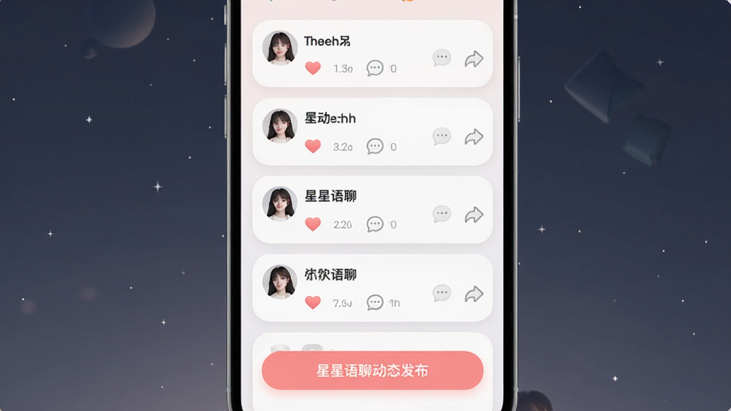 一张“星星语聊”动态广场界面的示意图,主体为手机屏幕显示多条用户动态卡片,布局为纵向列表,风格为柔和圆角卡片设计,细节包括点赞爱心、评论气泡、用户头像和“星星语聊”动态发布按钮,画质高清、干净、无多余元素