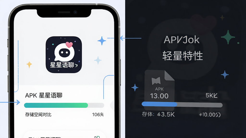 一张展示“星星语聊”安装包轻量特性的示意图,主体为手机屏幕显示下载进度条和存储空间对比,布局为左右对比结构,风格为简约科技感,细节包括“星星语聊”图标、APK文件标识和存储占用数字,画质高清、干净、无多余元素