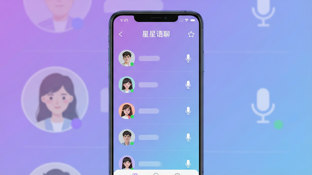 一张展示“星星语聊”手机应用界面的宣传图,主体为一部竖屏安卓手机,屏幕内呈现语音聊天房间列表和用户头像,布局居中清晰,排版简洁,风格为现代社交应用UI风格,细节包括柔和的紫蓝色渐变背景、圆形头像、麦克风图标和在线状态圆点,画面中写有“星星语聊”文字,整体画质高清、干净、无多余元素