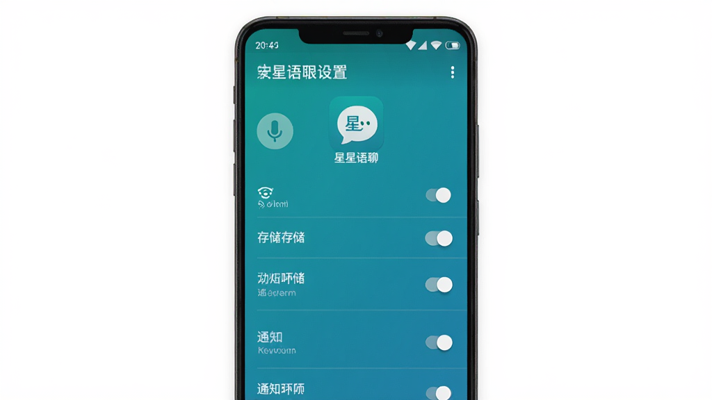 一张展示“星星语聊”安卓手机安装权限设置的示意图,主体为手机屏幕显示权限管理界面,布局为纵向列表,风格为系统设置UI风格,细节包括麦克风、存储、通知权限开关和“星星语聊”应用图标,画质高清、干净、无多余元素