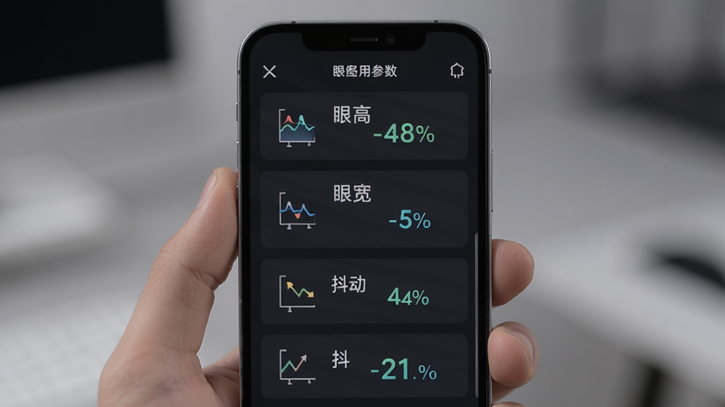 眼图用户端参数解读界面,手机屏幕显示眼高、眼宽、抖动等指标,配有简洁的图标说明,风格专业,排版清晰,深色背景,高亮数据,画质干净
