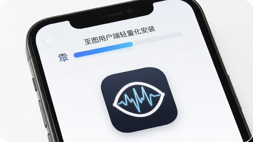 眼图用户端轻量化安装界面,手机屏幕显示下载进度条和软件图标,图标包含眼图波形元素,风格清爽,背景简洁,画质清晰,无多余装饰
