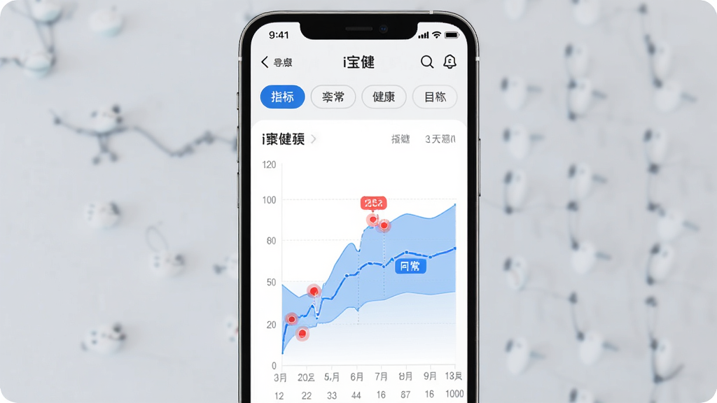主体为i宝健应用内的健康数据趋势图表界面,布局为手机屏幕竖版展示,排版上方为指标选择标签下方为折线图,风格为现代医疗健康类UI设计,细节包括红色异常点标注、蓝色正常范围带、日期坐标轴,画质清晰干净无多余元素