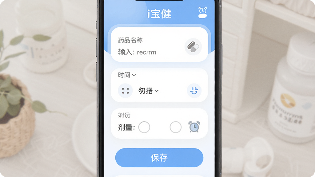 主体为i宝健应用用药提醒设置页面,布局为手机屏幕展示,排版包含药品名称输入框、时间选择器、剂量选项,风格为柔和圆角卡片式设计,细节包括药丸图标、闹钟标识、保存按钮,画质高清干净无多余元素