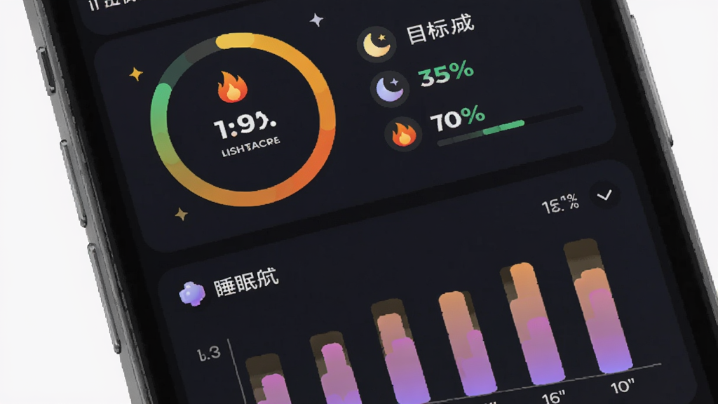 主体为i宝健应用运动睡眠数据看板,布局为手机屏幕展示,排版上方为步数环形进度下方为睡眠柱状图,风格为活力运动风配色,细节包括火焰图标、月亮图标、目标完成百分比,画质清晰干净无多余元素