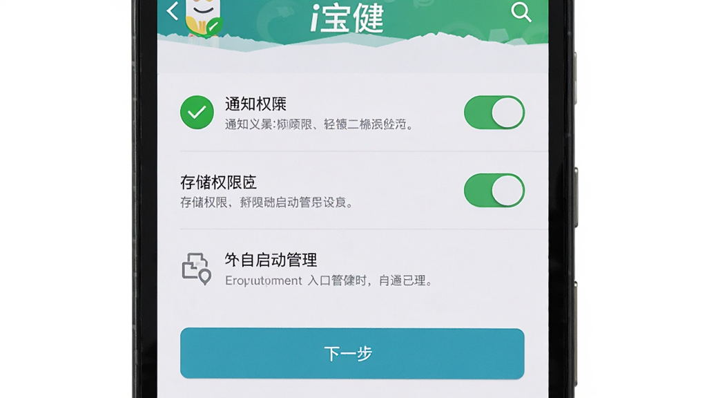 主体为一部安卓手机展示i宝健应用的权限设置引导页面,布局为手机屏幕居中,排版包含通知权限开关、存储权限开关、自启动管理入口,风格为简洁明了的设置界面,细节包括绿色对勾图标、权限说明文字、下一步按钮,画质高清干净无多余元素