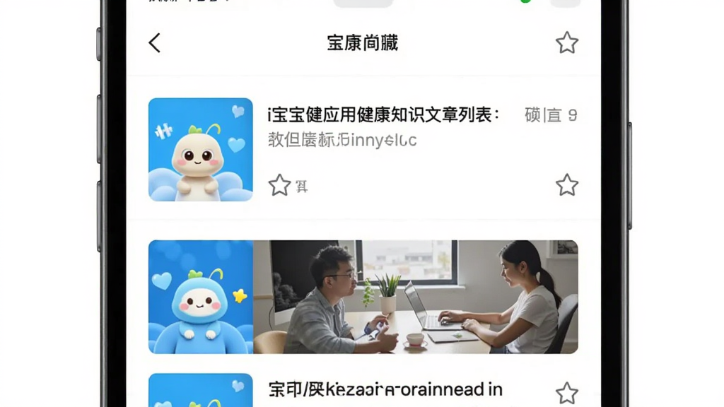 主体为i宝健应用健康知识文章列表页,布局为手机屏幕展示,排版为图文混排的信息流,风格为阅读类应用清爽排版,细节包括文章封面缩略图、标题文字、收藏星标图标,画质高清干净无多余元素