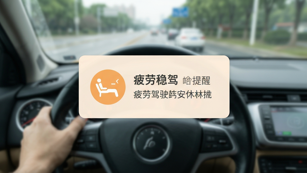 安驰稳驾安全提醒弹窗界面,手机屏幕中央显示疲劳驾驶提醒卡片,带有休息图标与温和的橙色提示色调,背景为车内驾驶视角虚化画面,风格友好易懂,画质清晰,无多余元素