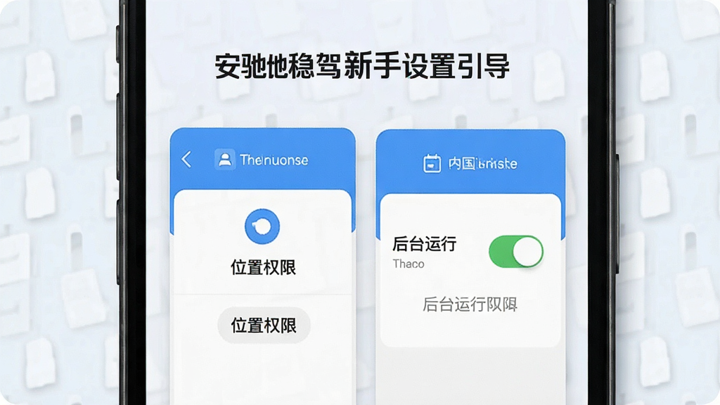 安驰稳驾新手设置引导页面,手机屏幕展示权限开启步骤图示,包含位置权限与后台运行权限的开关界面,背景为简洁的浅色底纹,风格清晰易懂,画质干净,无多余元素