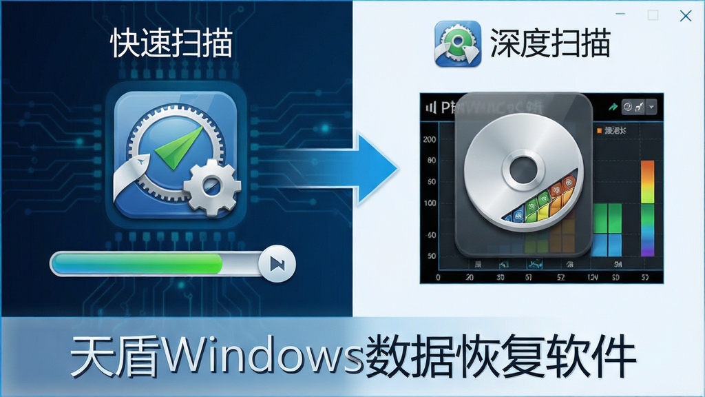 一张展示天盾Windows数据恢复软件扫描模式的示意图,画面分为左右两部分,左侧为快速扫描图标与进度条,右侧为深度扫描图标与磁盘扇区分析图,中间用箭头连接,底部显示“天盾Windows数据恢复软件”名称,整体风格科技感十足,排版整齐,细节清晰,画质干净,无多余元素。