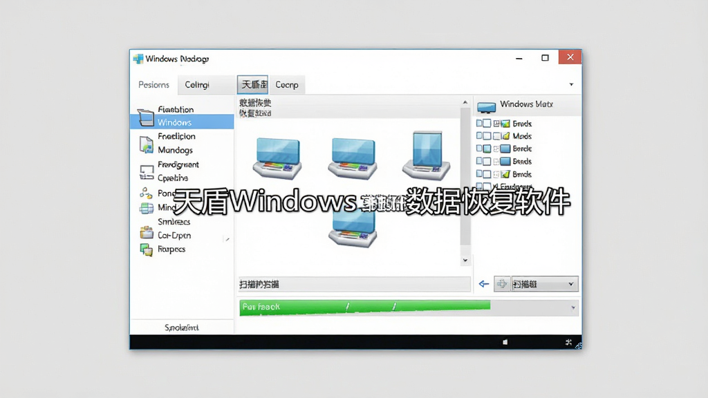 一张展示天盾Windows数据恢复软件主界面的图片,画面中央是软件窗口,左侧为功能导航栏,右侧为磁盘分区列表和扫描进度条,界面风格简洁现代,背景为浅灰色,屏幕中显示“天盾Windows数据恢复软件”字样,整体布局清晰,细节丰富,画质干净,无多余元素,适合软件下载站配图。