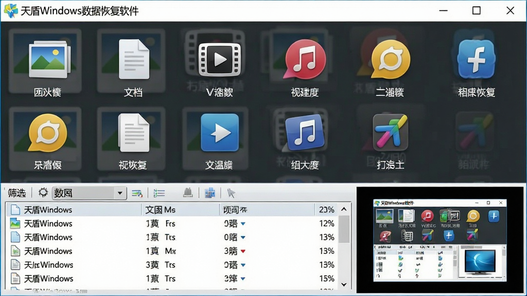 一张展示天盾Windows数据恢复软件文件类型筛选界面的图片,画面中软件窗口内排列着图片、文档、视频、音频等分类图标,下方为文件列表和预览窗口,顶部显示“天盾Windows数据恢复软件”标题,界面配色清爽,布局合理,细节丰富,画质干净,无多余元素。