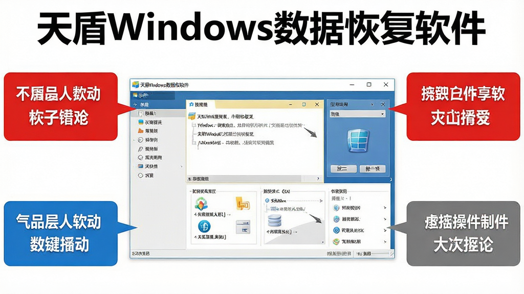 一张展示天盾Windows数据恢复软件操作注意事项的示意图,画面中央为软件界面截图,周围用红色、蓝色、灰色标注框标出关键提示文字,顶部有“天盾Windows数据恢复软件”名称,整体风格信息图样式,排版清晰,细节丰富,画质干净,无多余元素。