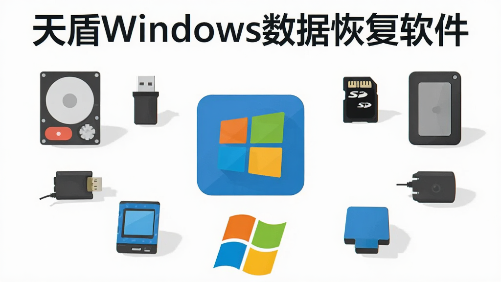 一张展示天盾Windows数据恢复软件兼容多种设备的示意图,画面中央为软件图标,周围环绕着硬盘、U盘、SD卡、移动硬盘等设备图标,底部显示Windows系统标志,顶部有“天盾Windows数据恢复软件”文字,整体构图均衡,风格扁平化,细节清晰,画质干净,无多余元素。