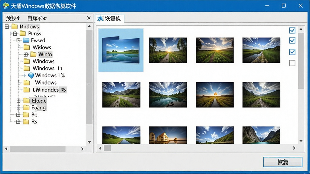 一张展示天盾Windows数据恢复软件预览与勾选恢复功能的图片,画面中软件界面左侧为文件树状目录,右侧为图片缩略图预览和文件勾选框,底部有“恢复”按钮,界面顶部显示“天盾Windows数据恢复软件”字样,整体风格专业简洁,排版清晰,细节到位,画质干净,无多余元素。
