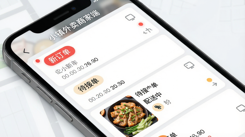一幅展示小镇外卖商家端订单管理功能的AI生图,画面主体是手机屏幕特写,屏幕内显示多个外卖订单卡片,带有“新订单”“待接单”“配送中”等标签,布局采用对角线倾斜展示,风格为现代扁平化UI风格,细节包括红点提醒、时间戳和菜品缩略图,画质高清干净,文字包含“小镇外卖商家端”,无多余元素
