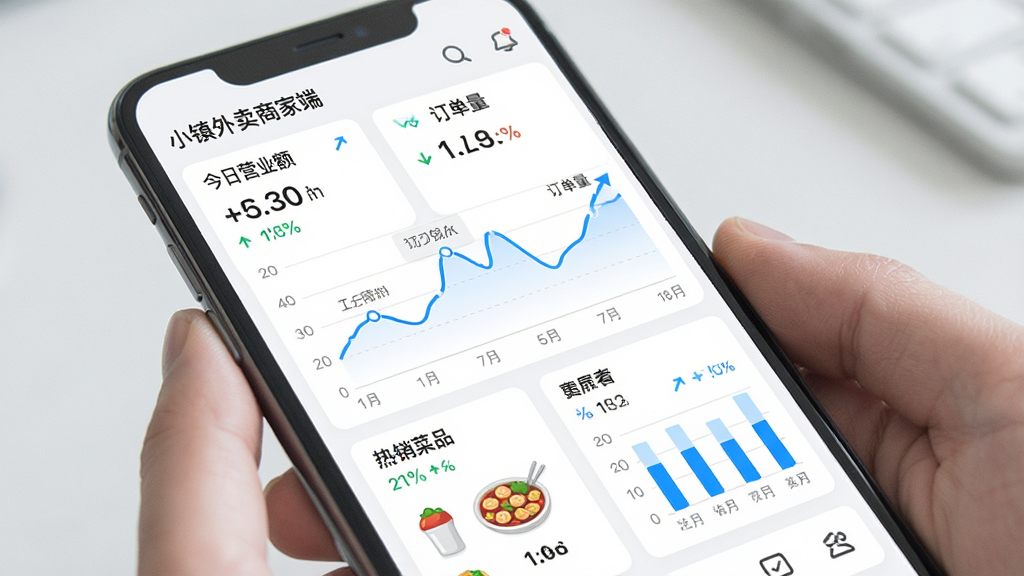 一幅展示小镇外卖商家端数据统计功能的AI生图,画面主体是手机屏幕显示折线图和柱状图,数据看板包含“今日营业额”“订单量”“热销菜品”等卡片,布局为纵向排列,风格为简约商务风,细节包括蓝色数据线条、百分比变化箭头和菜品图标,画质清晰干净,文字包含“小镇外卖商家端”,无多余元素
