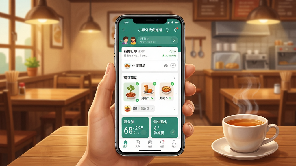 一张展示乡镇餐饮商家使用手机管理外卖订单的场景图,画面主体是一部智能手机,屏幕显示小镇外卖商家端应用界面,包含待接订单、商品列表和营业额数据卡片,背景是温馨的小镇餐馆环境,布局采用居中构图,风格为写实插画,细节包括暖色调灯光、木质桌面和一杯冒热气的茶,画质清晰干净,画面中文字标注“小镇外卖商家端”,无多余元素