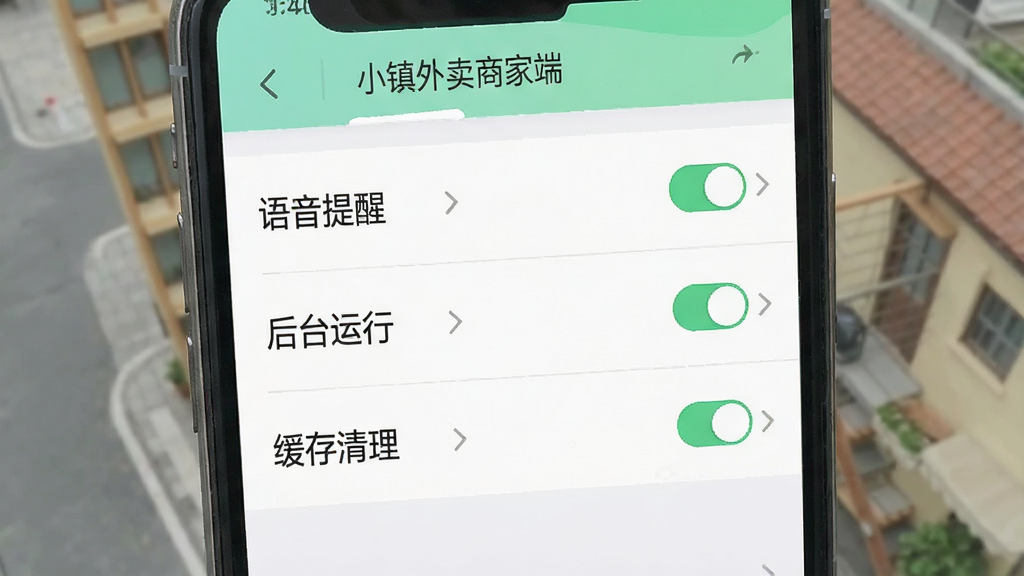 一幅展示手机应用设置界面的AI生图,画面主体是手机屏幕显示小镇外卖商家端的设置菜单,包含“语音提醒”“后台运行”“缓存清理”等选项,布局为纵向列表,风格为清新浅色UI风格,细节包括开关按钮、箭头图标和灰色分割线,画质干净清晰,文字包含“小镇外卖商家端”,无多余元素