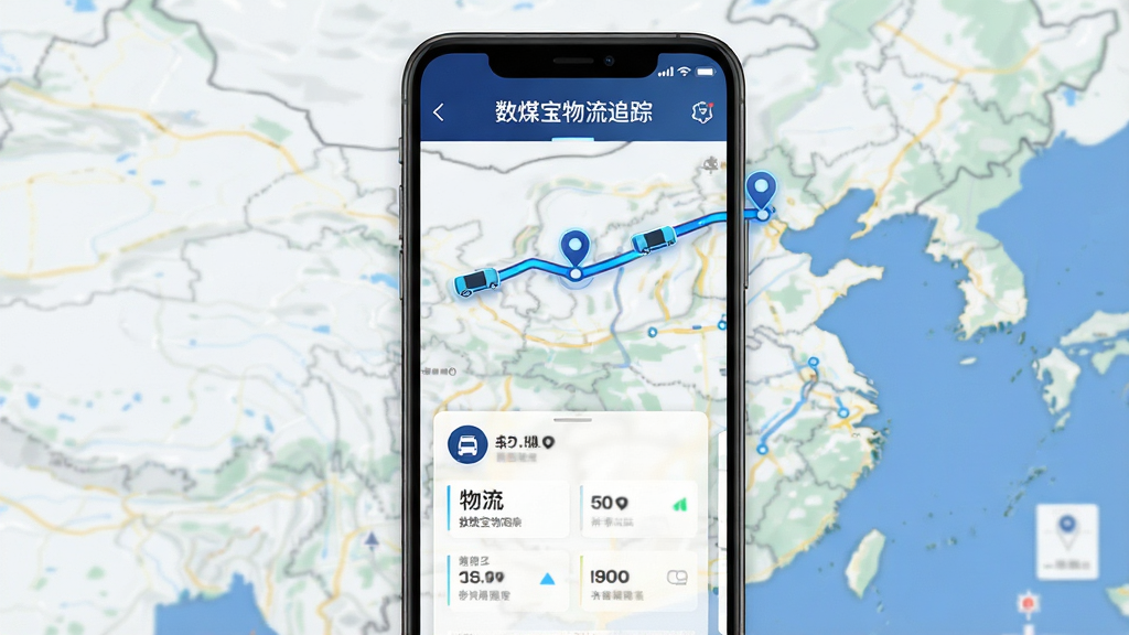 数煤宝物流轨迹追踪功能展示图,画面为手机屏幕与地图背景结合,屏幕内显示运输路线与节点标记,布局为上方地图下方信息卡,风格为现代科技感,细节上地图中有车辆图标与路线连线,屏幕内文字包含“数煤宝物流追踪”,画质高清,干净无多余元素