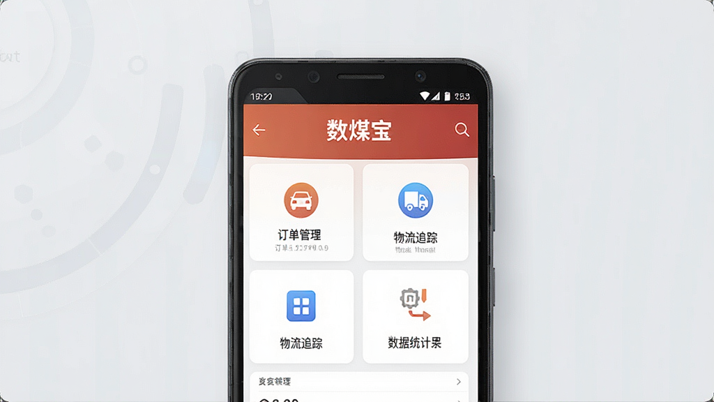 数煤宝软件主界面展示图,画面中央放置一部安卓手机,手机屏幕显示数煤宝应用首页,包含订单管理、物流追踪、数据统计等功能模块图标,背景为浅灰色简约风格,布局干净整洁,风格为现代商务科技感,细节上屏幕内文字清晰可见“数煤宝”字样,画质高清,干净无多余元素