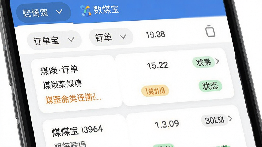 数煤宝实时订单管理功能展示图,画面主体为手机屏幕特写,屏幕内显示订单列表与状态标签,布局采用上下结构,上方为筛选栏下方为订单卡片,风格为扁平化商务设计,细节上订单卡片包含煤炭品类、数量、状态等字段,画质清晰,干净无多余元素,屏幕中文字包含“数煤宝”