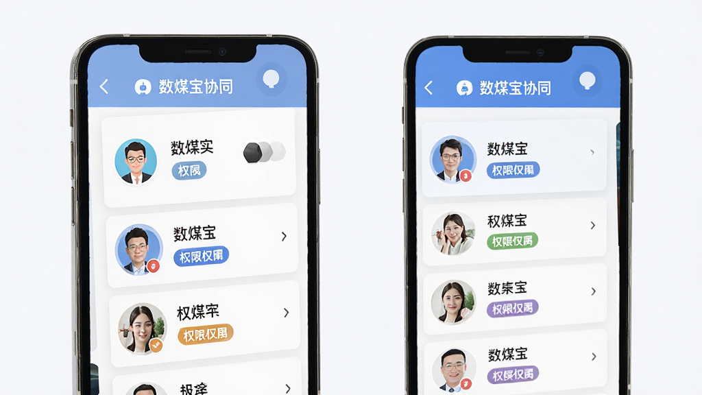 数煤宝多角色协同功能展示图,画面为手机屏幕显示角色切换与权限列表,布局为纵向排列的角色卡片,风格为简洁明快商务风,细节上角色图标与权限标签清晰,屏幕内文字包含“数煤宝协同”,画质高清,干净无多余元素