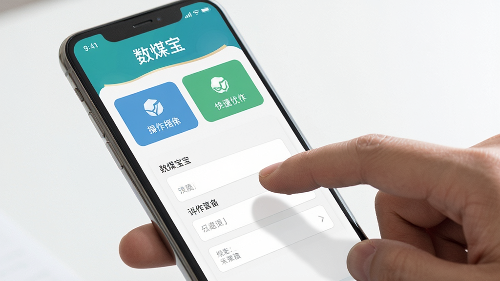 数煤宝移动端便捷操作展示图,画面为手持手机特写,屏幕显示快捷操作按钮与表单输入界面,布局为上下结构,风格为清新简约风,细节上手指点击屏幕动作自然,屏幕内文字包含“数煤宝”,画质高清,干净无多余元素