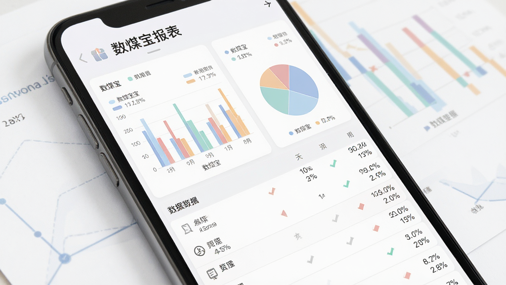 数煤宝数据报表统计功能展示图,画面为手机屏幕显示柱状图与饼图组合,布局为上方图表下方数据列表,风格为简约商务风,细节上图表颜色柔和数据清晰,屏幕内文字包含“数煤宝报表”,画质高清,干净无多余元素