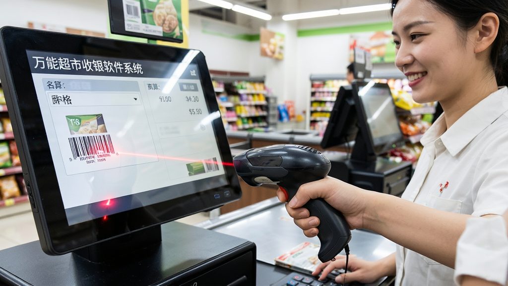 收银员使用扫码枪扫描商品条码的场景图,画面焦点是扫码枪发出的红色激光线对准商品条形码,收银机屏幕上显示“万能超市收银软件系统”的结算界面,商品名称和价格自动弹出,收银员面带微笑操作,背景是超市收银通道,写实风格,光线明亮,画质清晰,干净无多余元素。