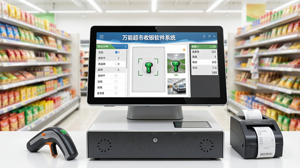 软件核心全貌展示图,画面中央是一台超市收银机,屏幕上显示“万能超市收银软件系统”主界面,左侧为商品分类列表,中间为扫码结算区域,右侧为金额统计面板,收银台旁摆放扫码枪和小票打印机,背景是整洁明亮的超市货架,整体采用写实商业摄影风格,细节丰富,画质清晰,干净无多余元素。
