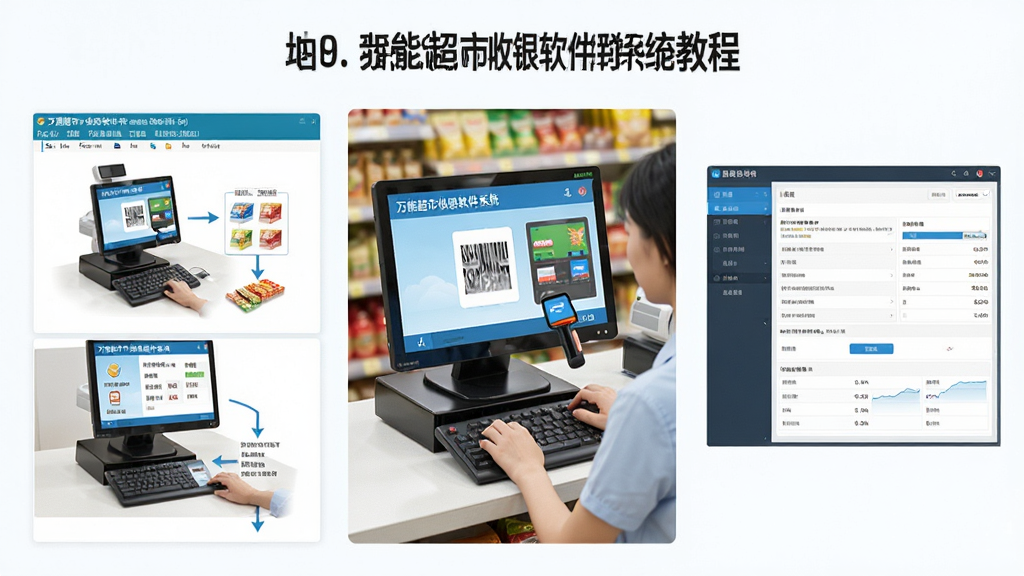 超市收银员在电脑前操作“万能超市收银软件系统”的教程示意图,画面采用分步展示布局,左侧为安装步骤截图,中间为扫码收银操作,右侧为报表查看界面,整体风格简洁明快,画质清晰,干净无多余元素。
