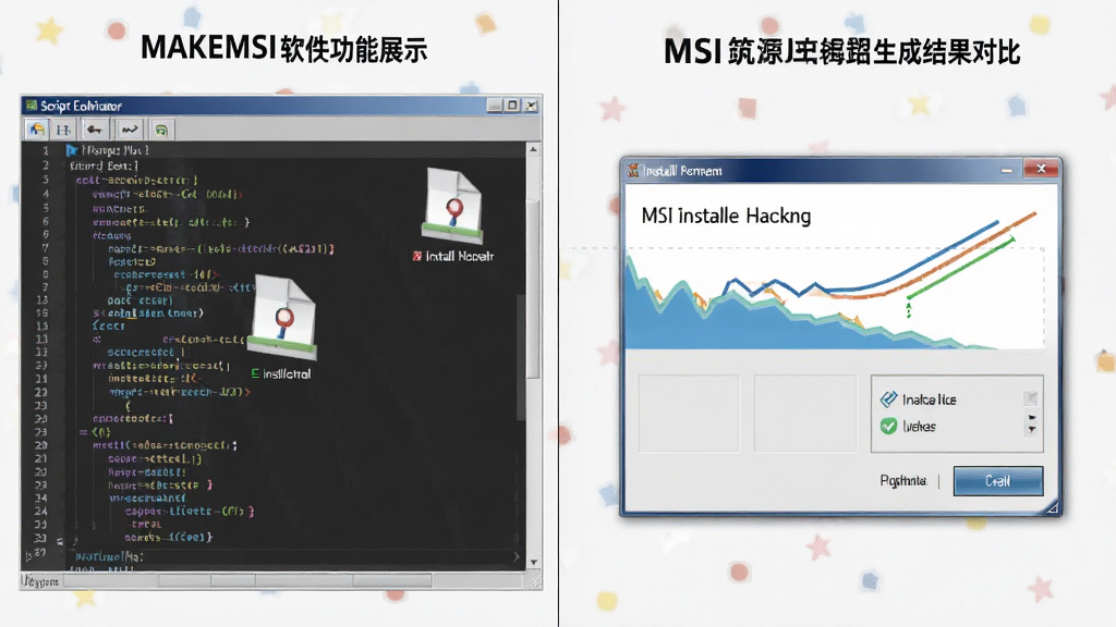MAKEMSI软件功能展示图,主体为脚本编辑器与MSI安装包生成结果对比,布局为左右分栏,排版整齐,风格为技术工具类界面风格,细节包含代码行、文件图标、安装向导窗口,画质清晰,干净无多余元素