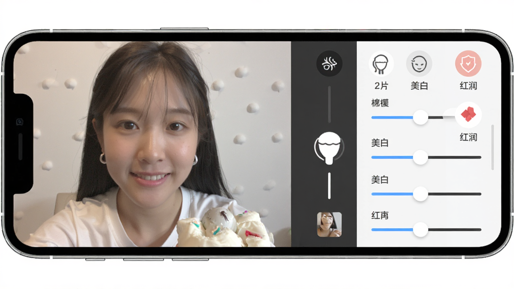 棉花糖直播软件美颜调节面板图,主体为手机前置摄像头画面与侧边调节滑块,布局为左右分栏,左侧预览右侧参数,排版工整,风格清新,细节上带有磨皮、美白、红润等图标,画质高清,干净,无多余元素