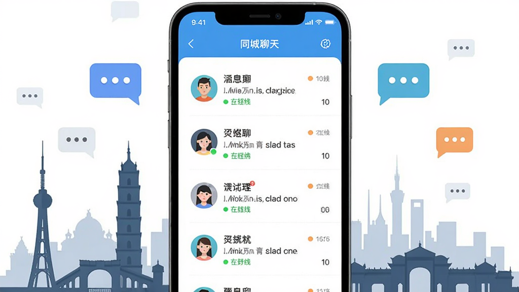 本地同城聊软件主界面展示,手机屏幕中央显示同城聊天列表,周围环绕城市地标剪影和聊天气泡图标,布局居中对称,排版简洁清晰,风格现代扁平化,细节包含头像、消息提示、在线状态标识,画质高清,画面干净,无多余元素