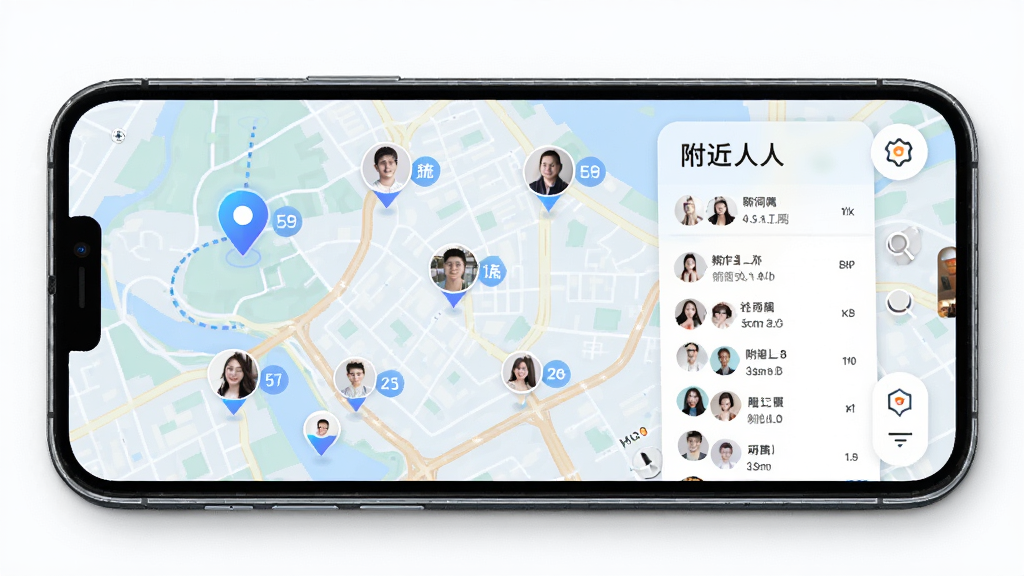 本地同城聊同城定位功能示意图,手机屏幕显示地图界面,地图上分布多个用户头像标记,布局以上下结构呈现,排版清晰,风格科技感与生活化结合,细节包含定位图标、距离显示、附近的人列表,画质高清,画面干净,无多余元素