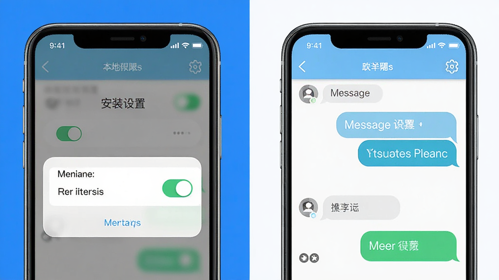 本地同城聊移动端使用教程示意图,手机屏幕显示安装权限设置界面和聊天界面并排展示,布局左右对比,排版清晰,风格简洁明了,细节包含权限开关、消息气泡、设置图标,画质高清,画面干净,无多余元素