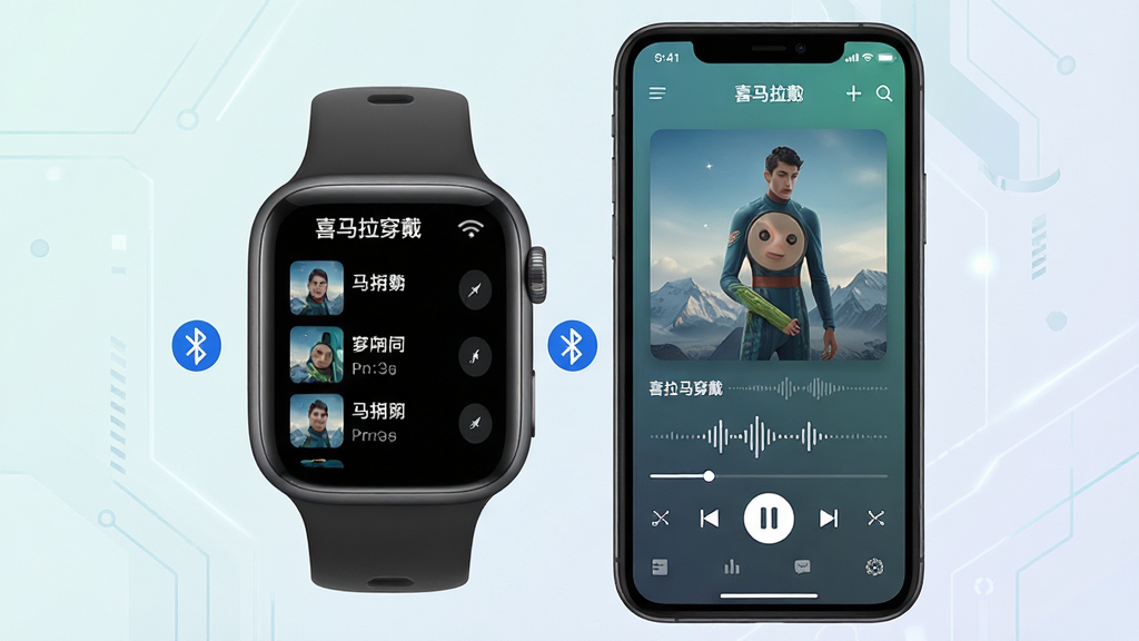 喜马拉雅穿戴软件主界面全貌展示,画面中央是一部智能手表与手机并排摆放,手表屏幕显示喜马拉雅穿戴应用正在同步音频列表,手机屏幕展示喜马拉雅App的音频播放界面,背景为浅色渐变科技风格,布局清爽,排版居中,风格简约现代,细节包含蓝牙连接图标、音频波形元素,画质高清,干净,无多余元素