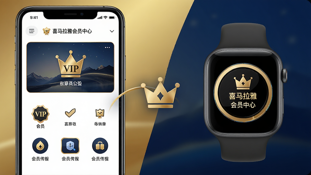 喜马拉雅穿戴会员权益共享界面,画面展示手机端喜马拉雅会员中心与手表端会员标识并列,中间以皇冠图标连接,背景为金色与深蓝色渐变,布局左右对比,排版清晰,风格高端质感,细节包含VIP标识、会员特权图标,画质高清,干净,无多余元素
