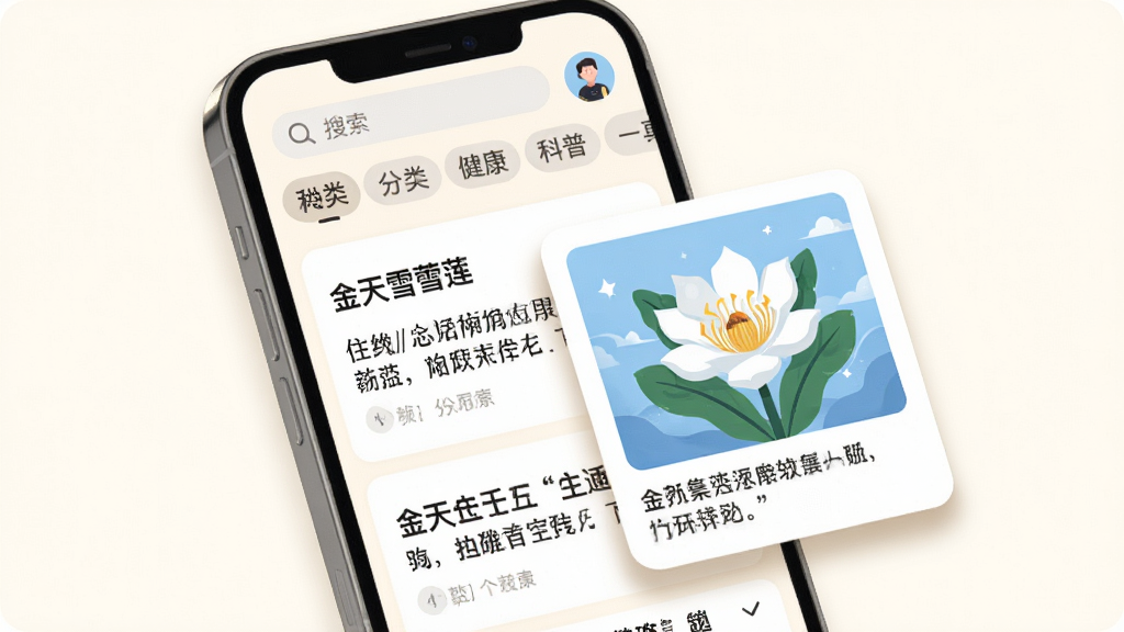 金天雪莲应用内健康科普页面展示,手机屏幕中呈现图文并茂的文章列表,页面顶部有搜索框和分类标签,主体为手机与漂浮的文章卡片组合,布局左文右图,排版错落有致,风格为现代扁平插画风,细节上卡片带有轻微阴影,背景为暖白色,画质清晰,干净,无多余元素