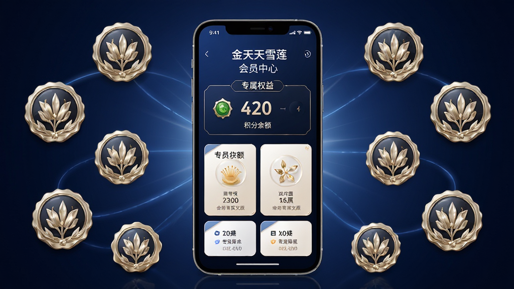 金天雪莲会员中心界面示意图,手机屏幕显示会员等级、积分余额和专属权益卡片,画面主体为手机与环绕的会员徽章图标,布局采用中心放射式排版,风格为轻奢质感风,细节上徽章有金属光泽,背景为深蓝色渐变,画质高清,干净,无多余元素