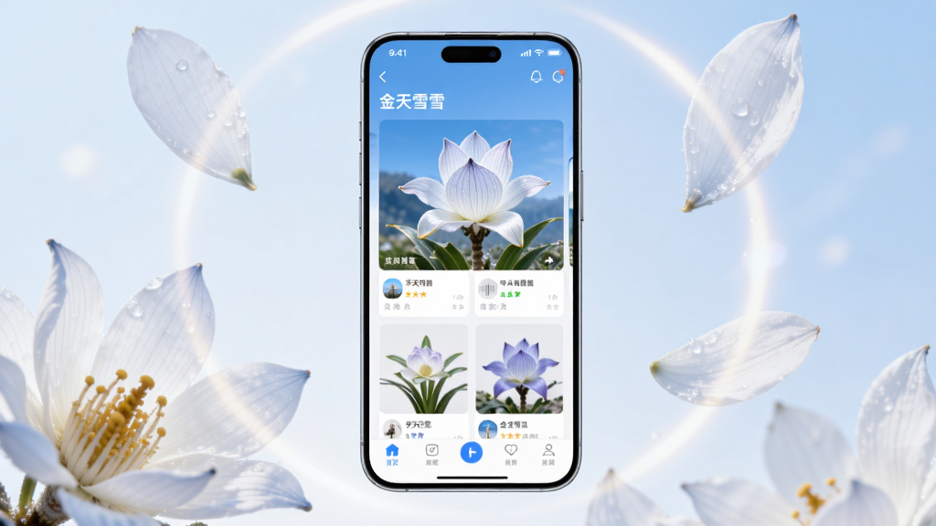 主体为一部智能手机竖向放置,屏幕中显示金天雪莲应用首页界面,包含商品卡片和底部导航栏,手机周围环绕雪莲花瓣和柔和光晕,布局居中对称,排版上手机占画面中心位置,风格为清新写实产品展示风,细节上手机边框有轻微反光,背景为浅蓝色渐变,画质高清,干净,无多余元素