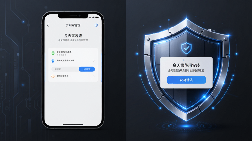金天雪莲应用安装与权限设置示意图,主体为手机屏幕显示权限管理界面和安装确认弹窗,画面中手机与盾牌图标组合,布局采用左右分栏排版,风格为科技安全风,细节上盾牌有蓝色光效,背景为深灰色,画质高清,干净,无多余元素