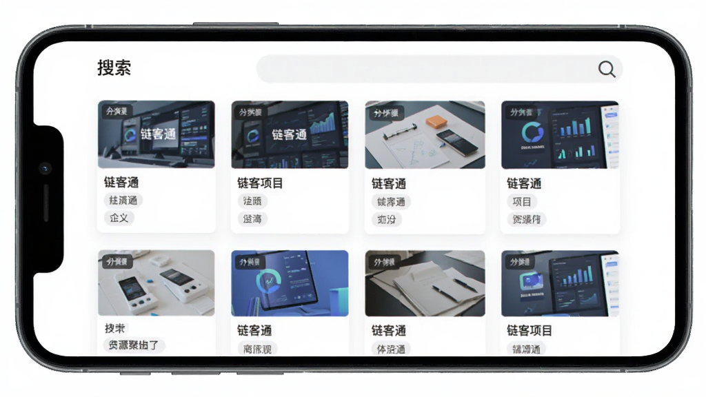 链客通 资源聚合功能 手机屏幕 显示多个商业项目卡片 主体为手机界面 布局为网格排列 排版整齐 风格扁平化设计 细节包括卡片式信息展示 分类标签 搜索框 文字为